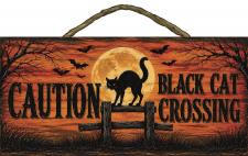 Caution Black Cat Crossing Rope Hanger Sign