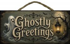 Ghostly Greetings 2 Rope Hanger Sign