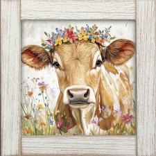 12x12 Framed Brown & White Cow in Flower Field 1
