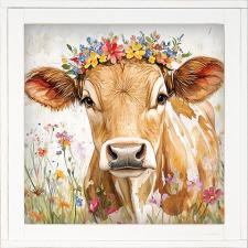 12x12 Framed Brown & White Cow in Flower Field 1