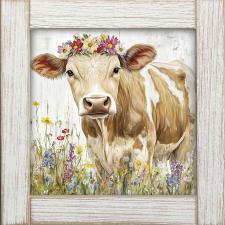 12x12 Framed Brown & White Cow in Flower Field 2