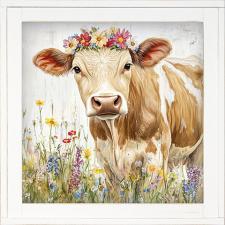 12x12 Framed Brown & White Cow in Flower Field 2
