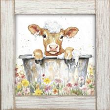 12x12 Framed Brown & White Calf Bathing