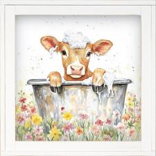 12x12 Framed Brown & White Calf Bathing