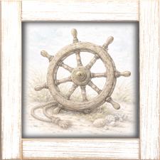 12x12 Framed Antique Ship Steering Wheel Resting on Beach