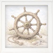 12x12 Framed Antique Ship Steering Wheel Resting on Beach