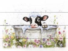 Black & White Cow Bathing 1 Slat Sign
