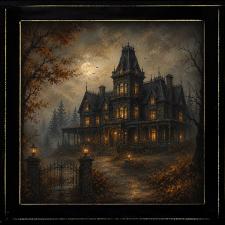 12x12 Framed Haunted House in Foggy Fall Scene Artwork