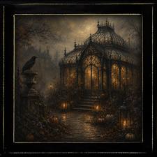 12x12 Framed Haunted House in Foggy Fall Scene 2 Artwork