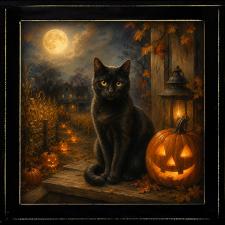12x12 Framed Black Cat Overlooking Jack-O- Latern Path Artwo