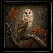 12x12 Framed Barn Owl Sitting on a Branch in the Forest Artw