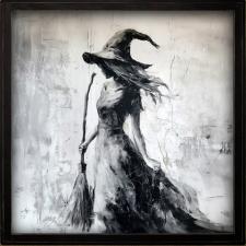 24x24 Framed Blk & Wht Witch Painting