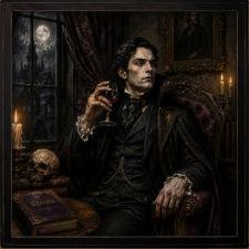 24x24 Framed Male Vampire with Wine Glass of Blood Artwork