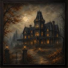 24x24 Framed Haunted House in Foggy Fall Scene Artwork