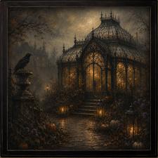24x24 Framed Haunted House in Foggy Fall Scene 2 Artwork