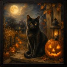 24x24 Framed Black Cat Overlooking Jack-O- Latern Path Artwo