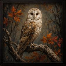 24x24 Framed Barn Owl Sitting on a Branch in the Forest Artw