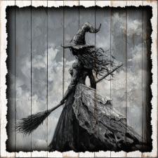 15x15 Slat Wood Blk & Wht Witch